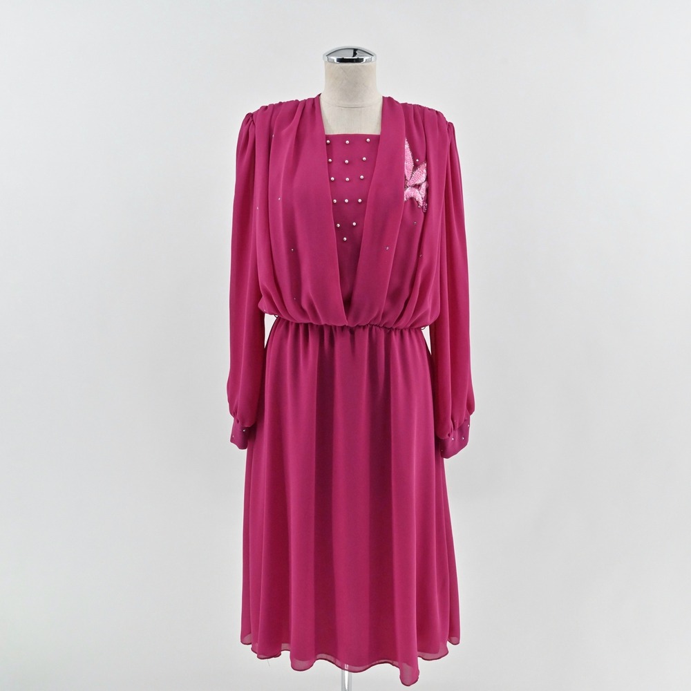 Vintage 70s 80s Blouson Evening Midi Dress Sz 10 Pink Beaded Sequin Puff Sleeve